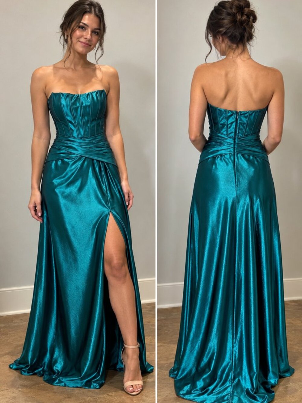 Size 4 NWT Jules & Cleo David’s Bridal Teal Oasis Strapless Satin Gown Dress